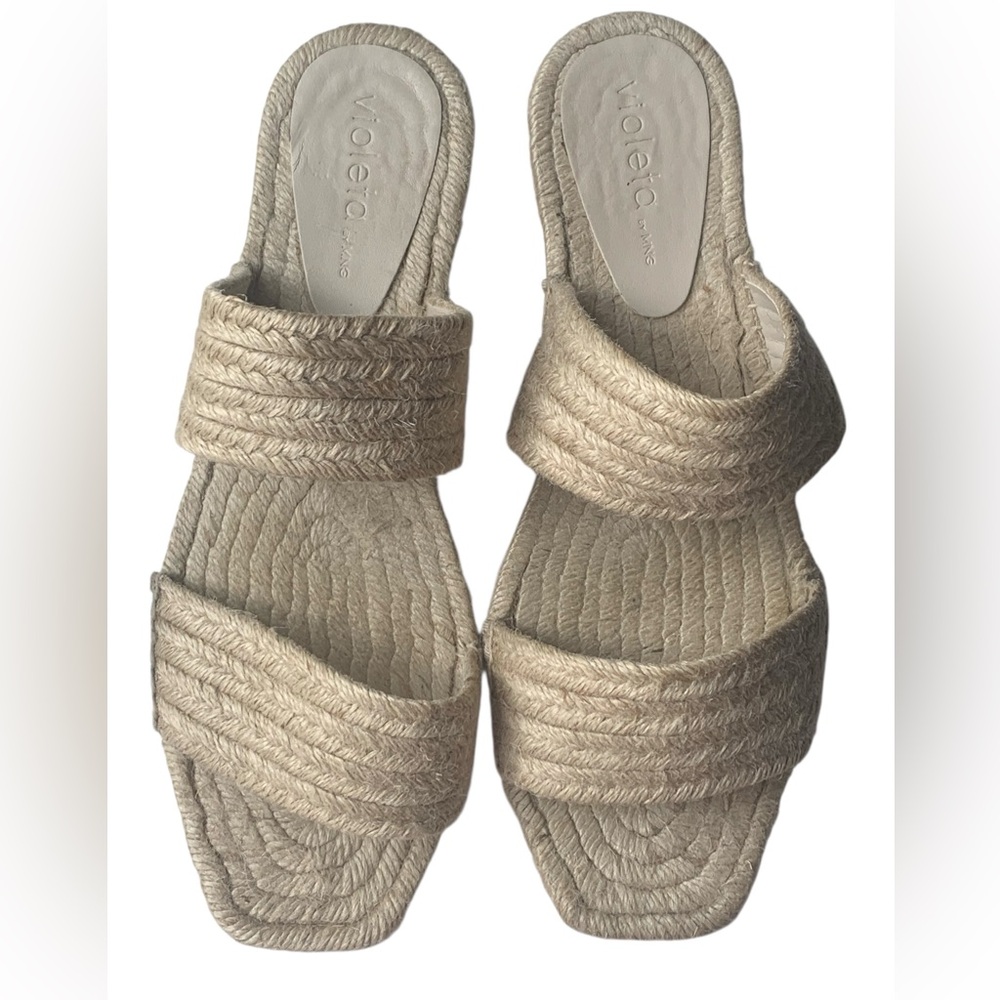 VIOLETA BY MANGO Natural Light Jute Flat Sandals Square Toe Woman’s Shoes - Picture 2 of 13